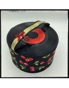 Vanity-case trousse de rangement, pour ranger les affaires de toilette, noire à cerises rouge, en disques vinyles recyclés
