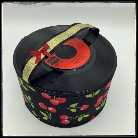 Vanity-case trousse de rangement, pour ranger les affaires de toilette, noire à cerises rouge, en disques vinyles recyclés